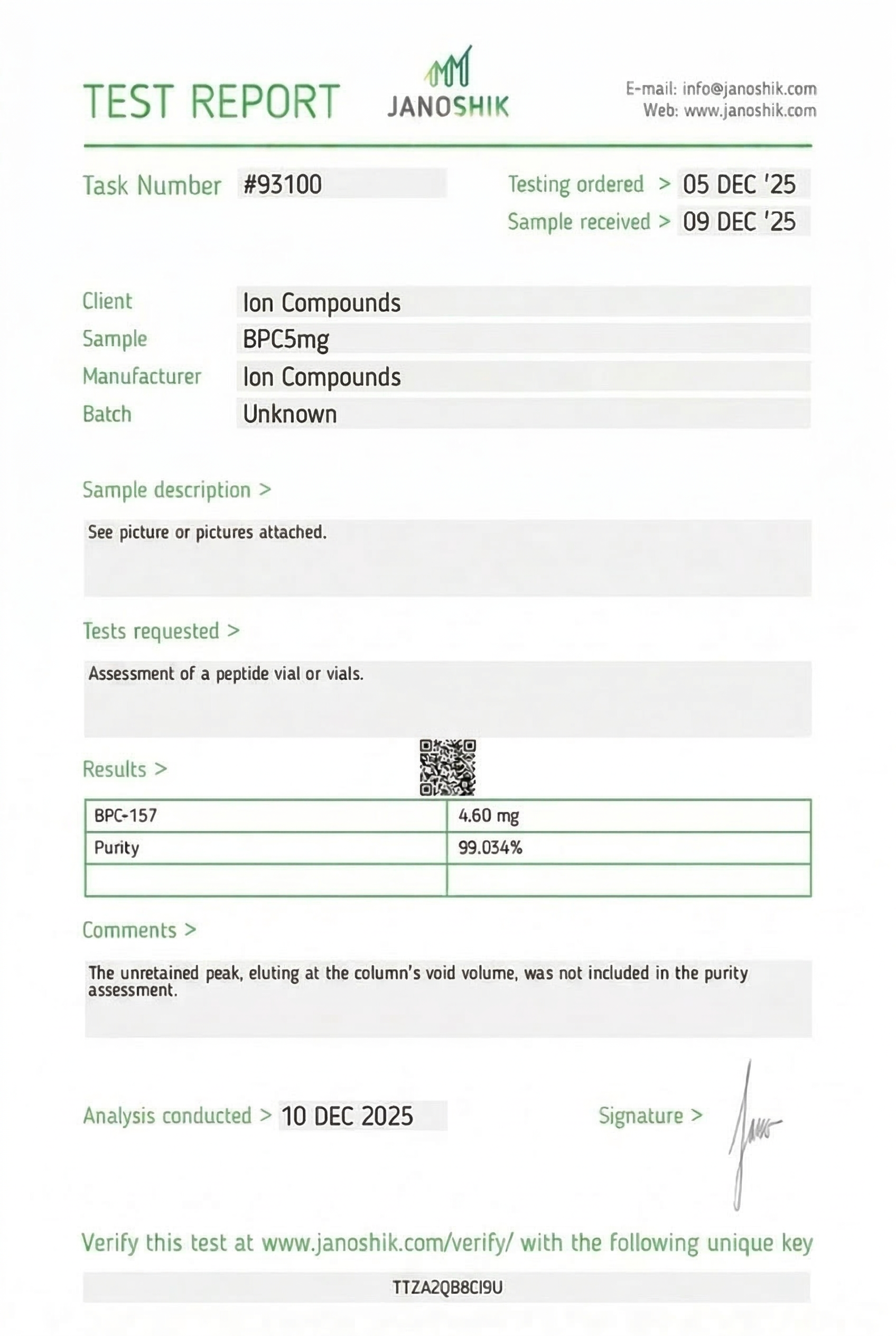 BPC-157 5mg Certificate of Analysis