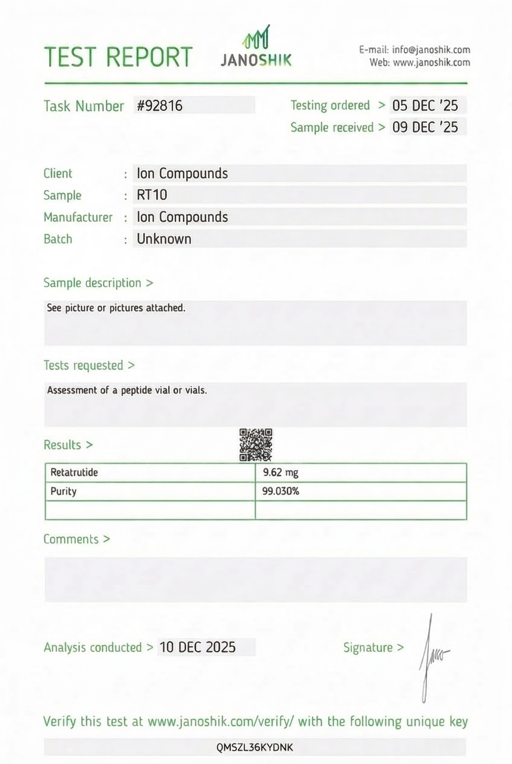 GLP3-RT Retatrutide 10mg Certificate of Analysis