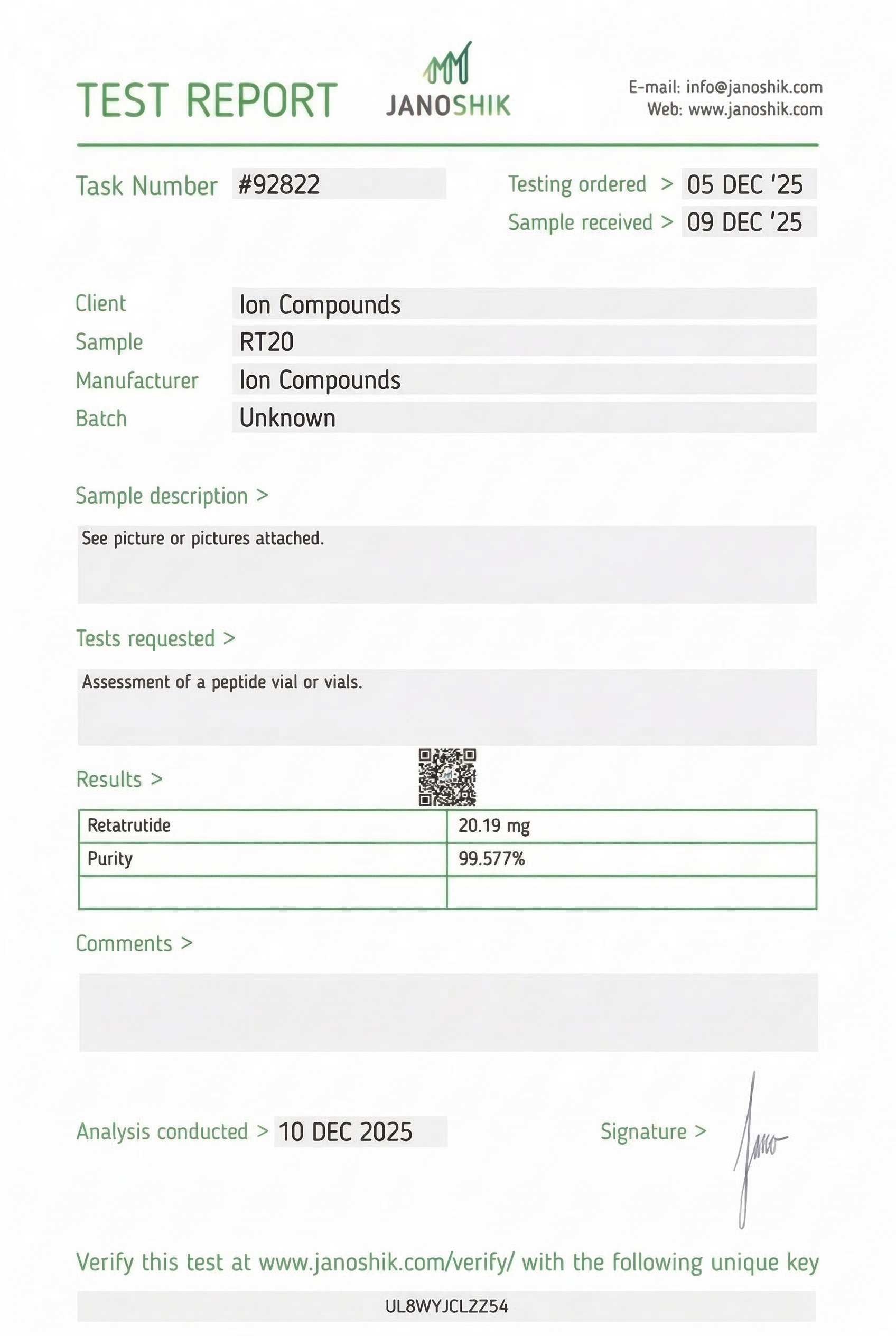GLP3-RT Retatrutide 20mg Certificate of Analysis