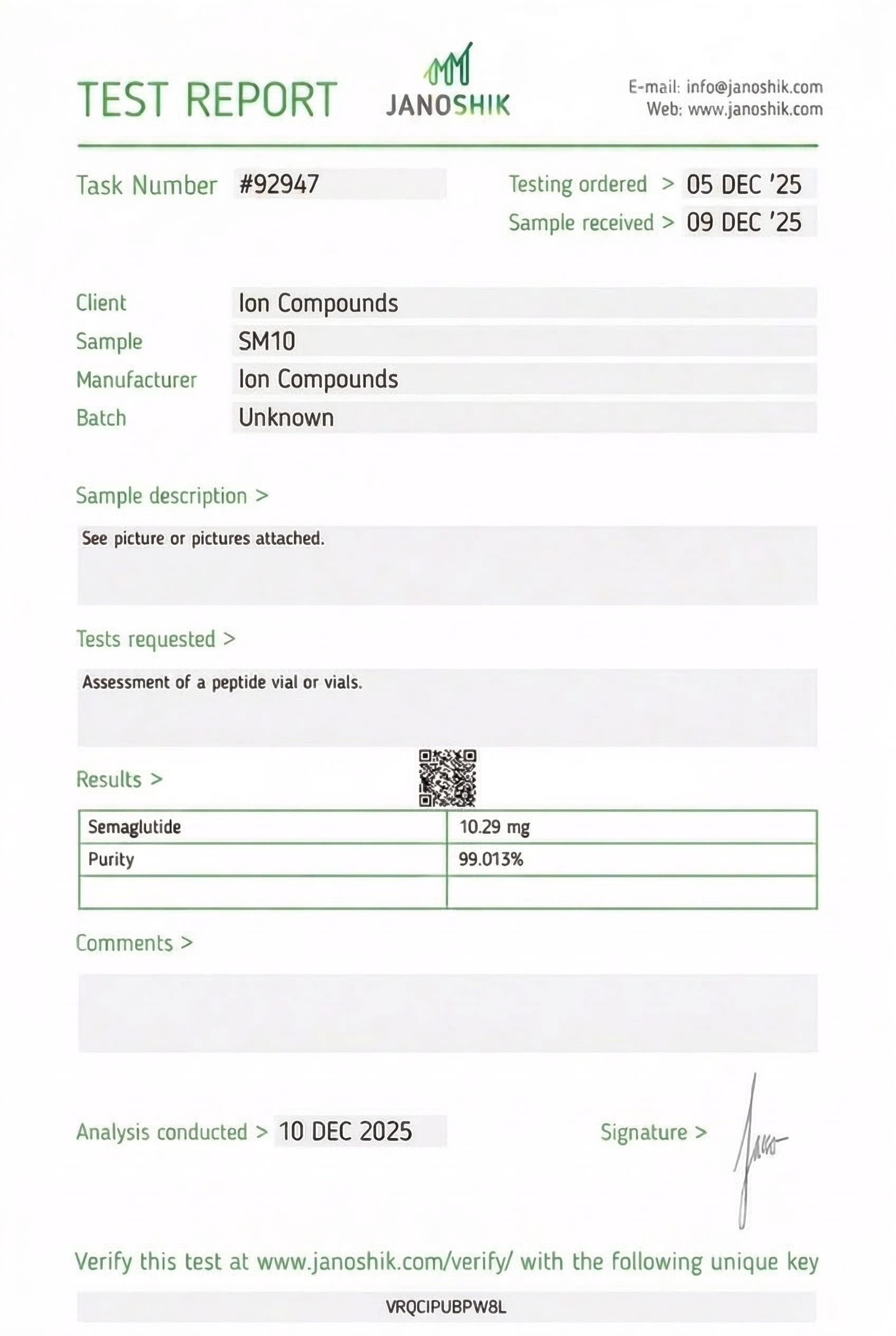 GLP1-SE Semaglutide 10mg Certificate of Analysis