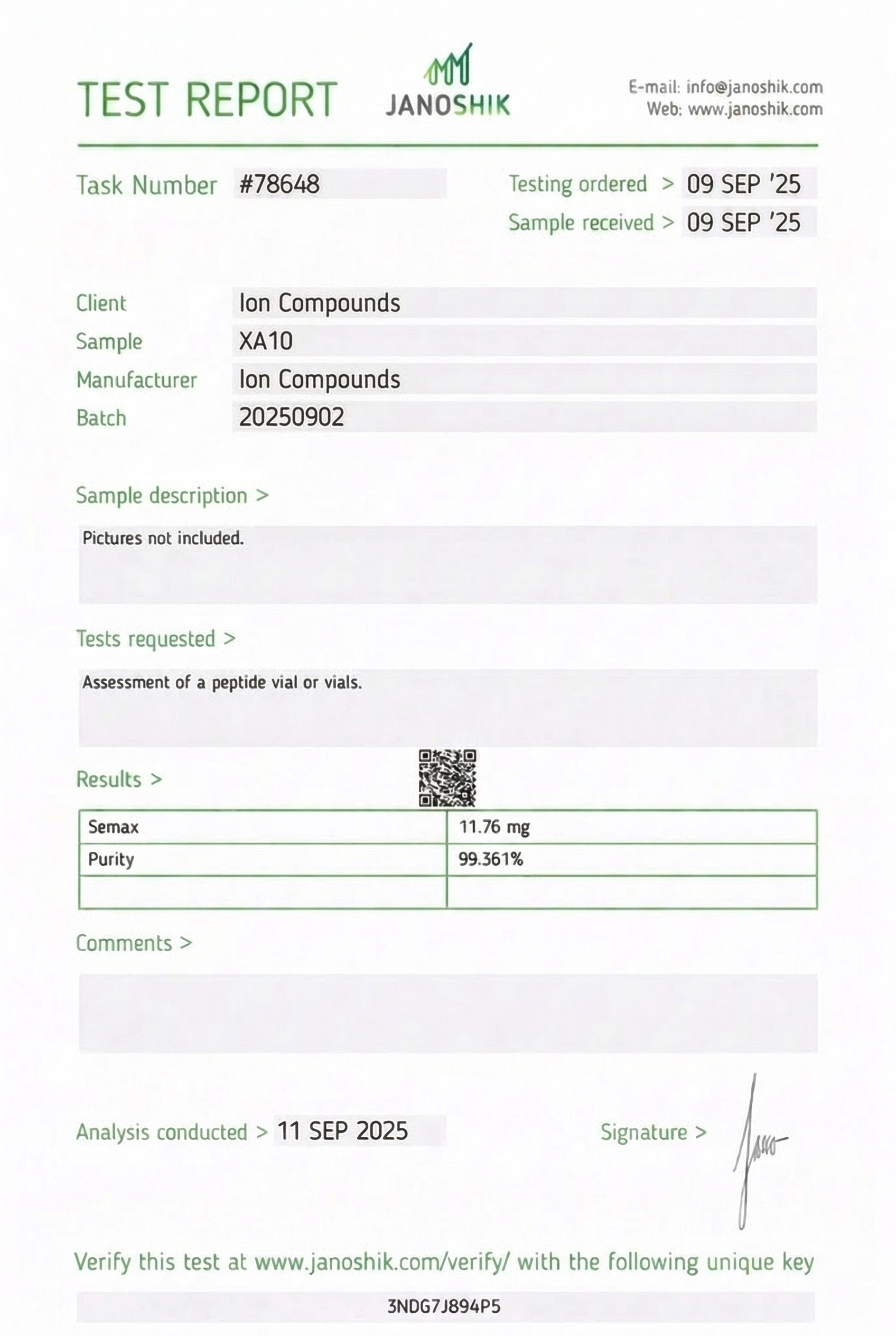 Semax 10mg Certificate of Analysis