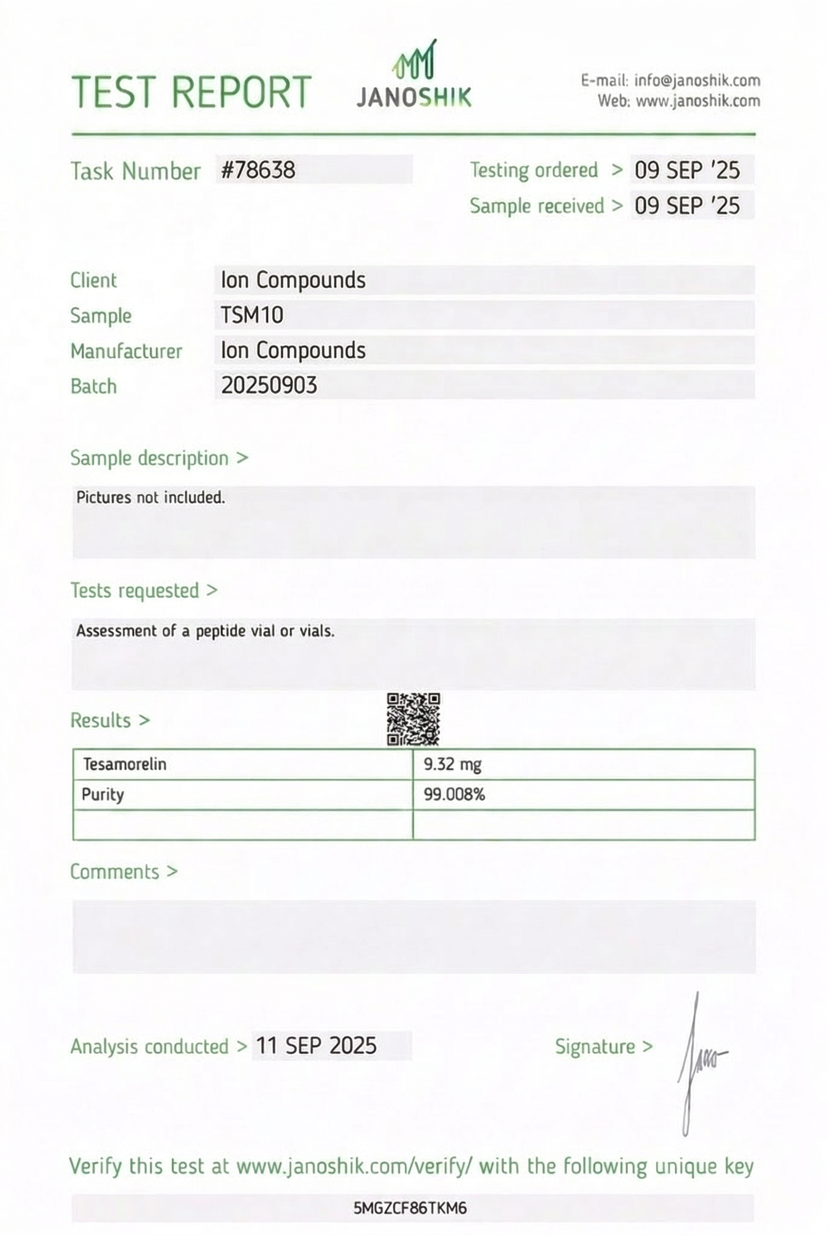 Tesamorelin 10mg Certificate of Analysis