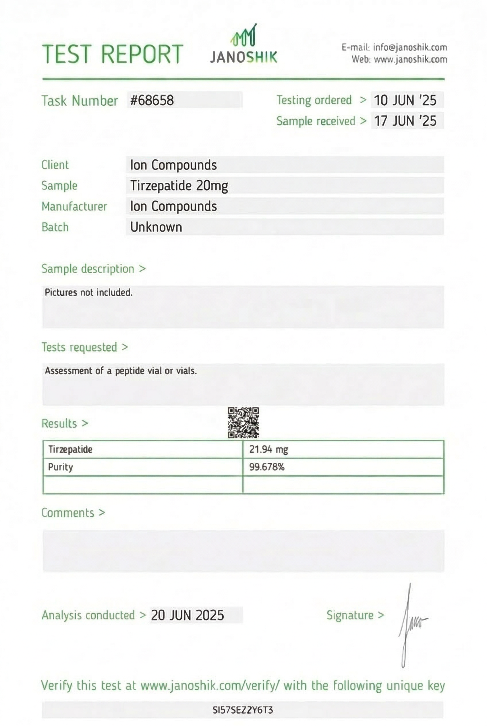 GLP2-TZ Tirzepatide 20mg Certificate of Analysis
